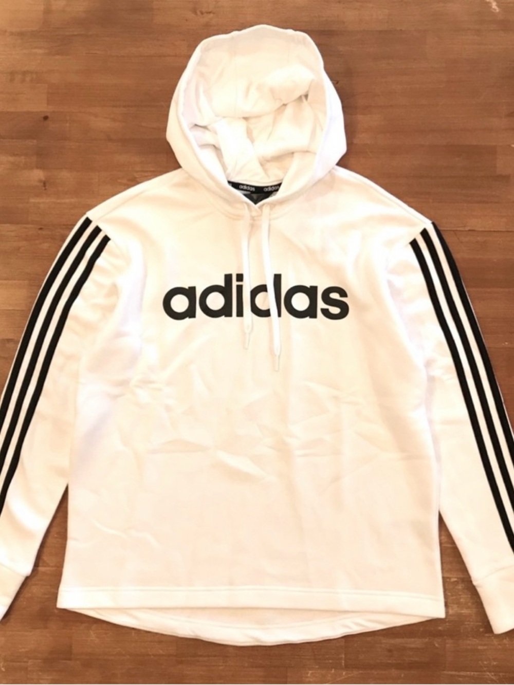 adidas White Hoodie with Black Logo and Sleeve Stripes